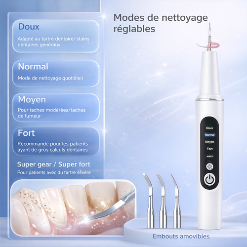 Kit de nettoyage dentaire intelligent avec nettoyeur multifonction, 5 modes, 4 embouts interchangeables, lumière LED, recharge Type-C et design portable, idéal pour la maison, les voyages et l’extérieur.