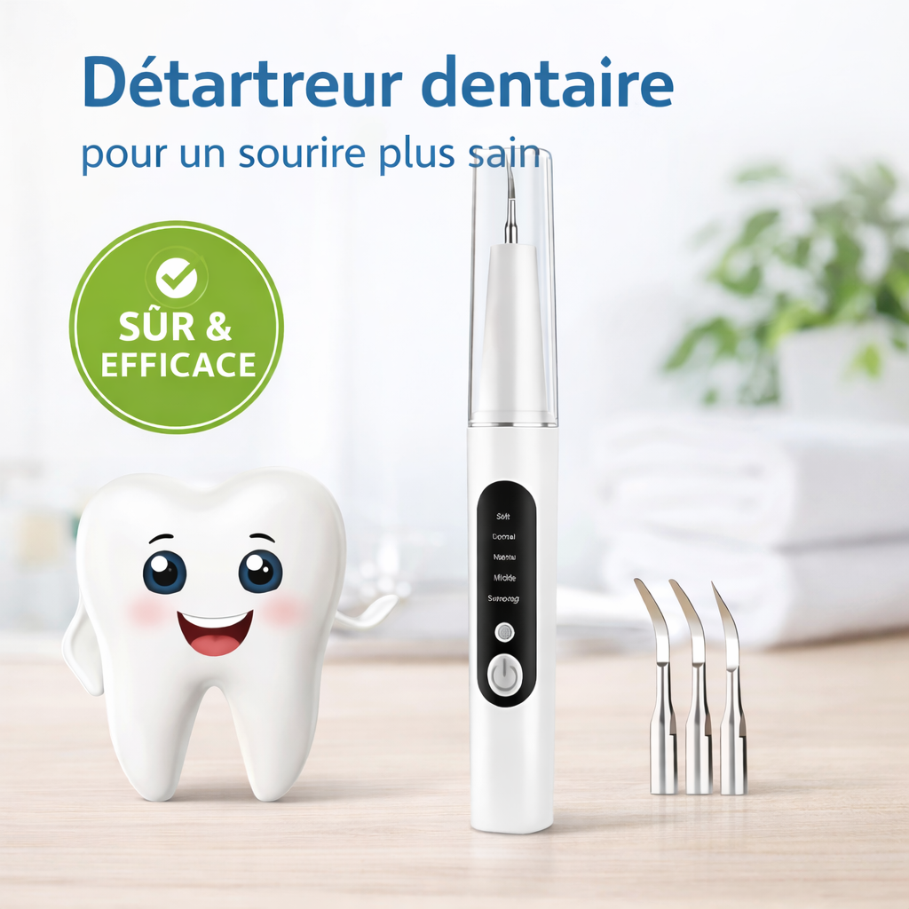Kit de nettoyage dentaire intelligent avec nettoyeur multifonction, 5 modes, 4 embouts interchangeables, lumière LED, recharge Type-C et design portable, idéal pour la maison, les voyages et l’extérieur.