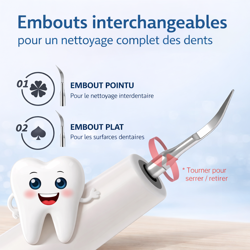 Kit de nettoyage dentaire intelligent avec nettoyeur multifonction, 5 modes, 4 embouts interchangeables, lumière LED, recharge Type-C et design portable, idéal pour la maison, les voyages et l’extérieur.